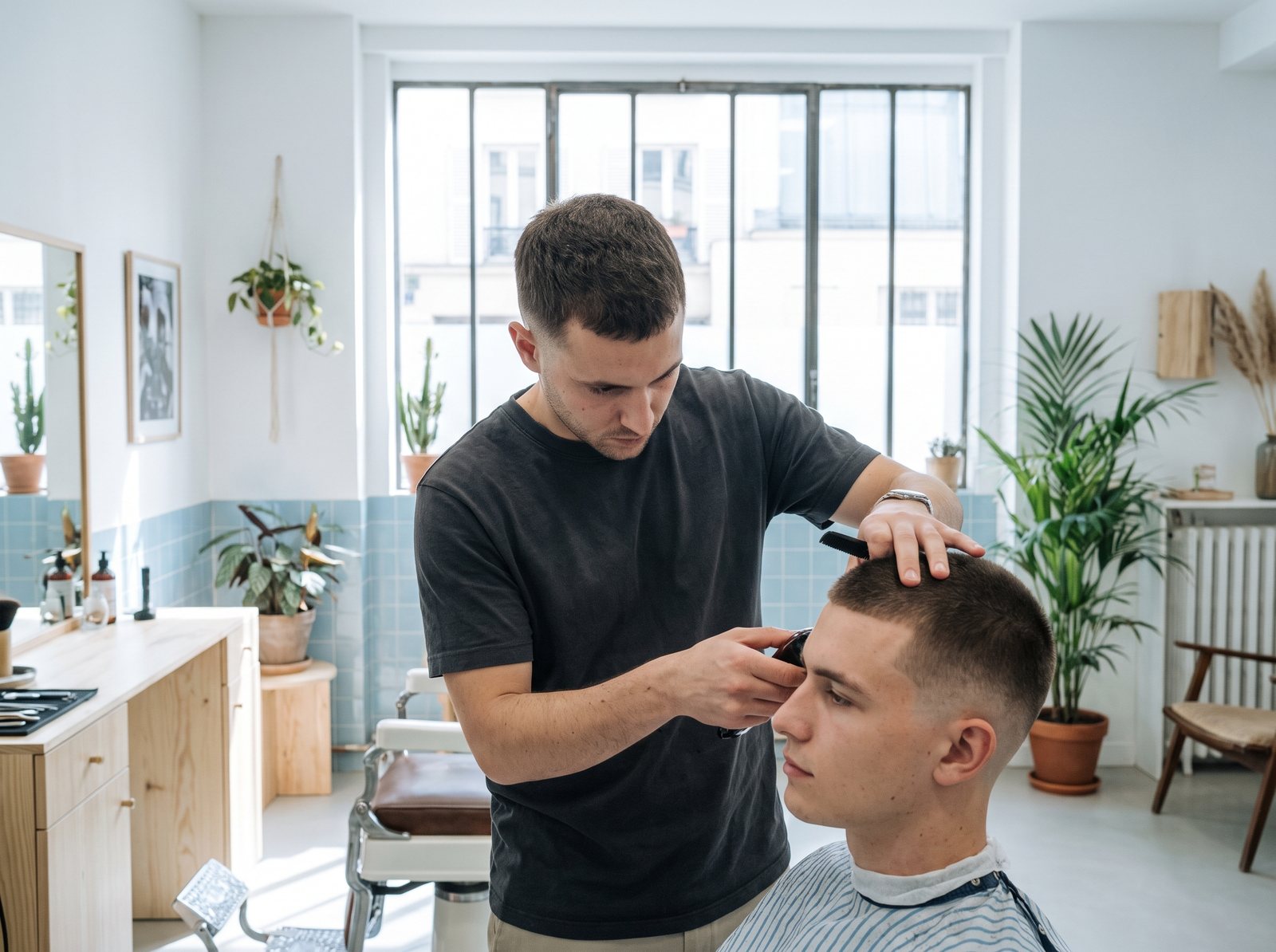 Un barbier réalise un dégradé dans un salon lumineux